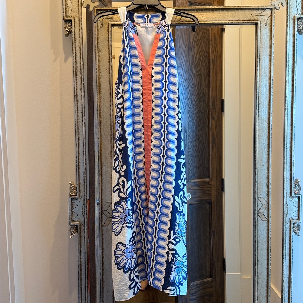 THML Blue and White Halter Midi Dress with Orange Accents